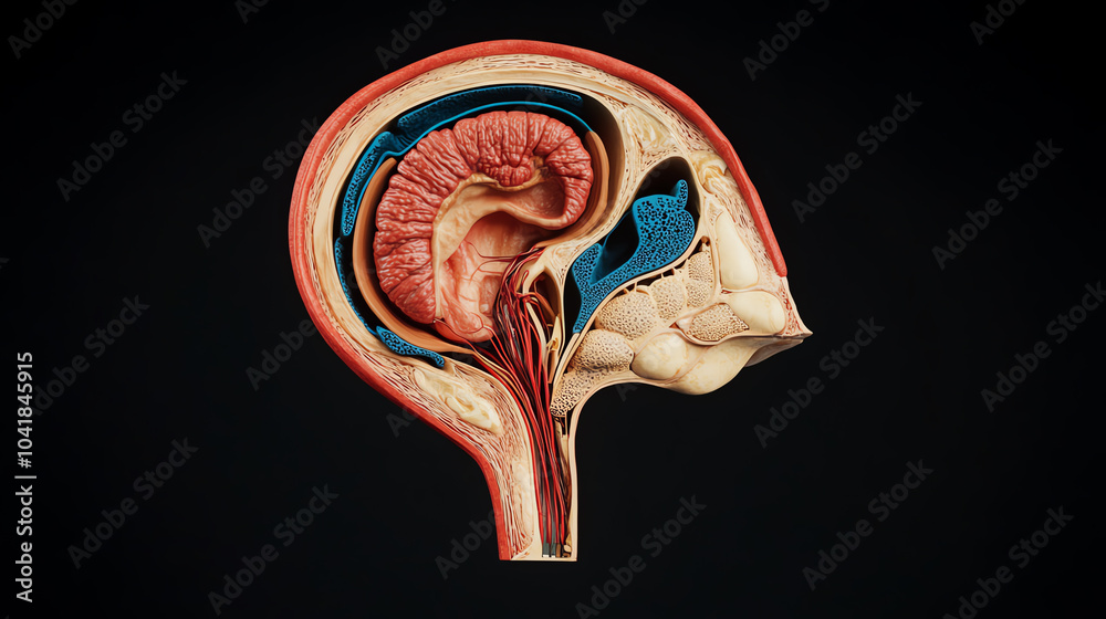 Detailed anatomical illustration of the human brain, showcasing different parts in vibrant colors, isolated on a black background.