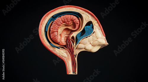 Obraz na płótnie Detailed anatomical illustration of the human brain, showcasing different parts in vibrant colors, isolated on a black background. w salonie