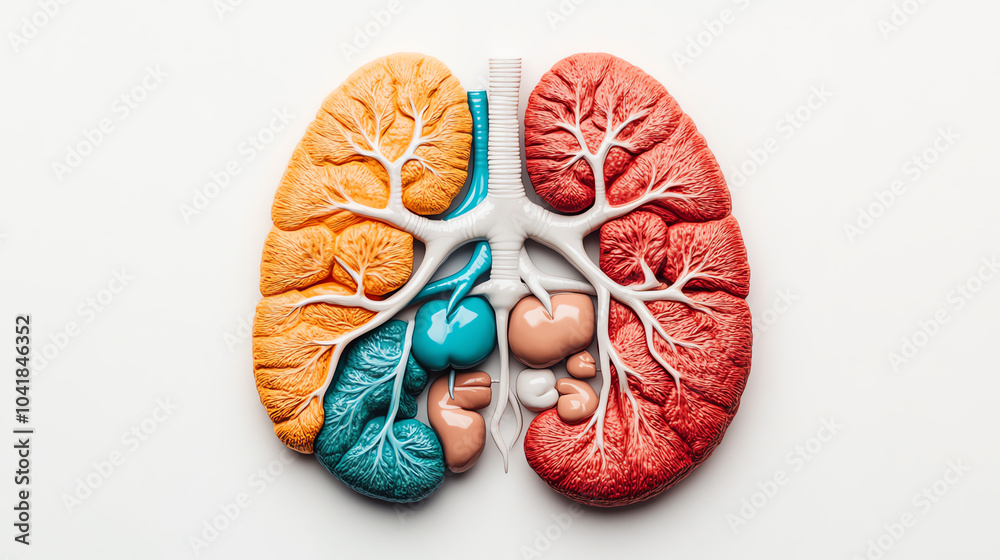 Detailed anatomical model of human lungs showcasing alveoli and bronchial structure, isolated on a white background for educational use.