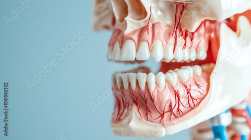 Detailed anatomical model of a human skull showcasing teeth and vascular structures, perfect for educational or medical purposes. photo