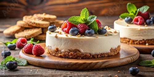 Wallpaper Mural A creamy cheesecake dessert topped with fresh blueberries and raspberries, garnished with mint leaves and resting on a wooden platter Torontodigital.ca