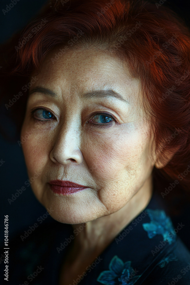 A senior Japanese woman with deep red hair and soulful blue eyes exudes elegance in her close-up portrait. The lighting softly highlights her features, capturing the essence of her graceful beauty. A senior Japanese woman with deep red hair and soulful blue eyes exudes elegance in her close-up portrait. The lighting softly highlights her features, capturing the essence of her graceful beauty.