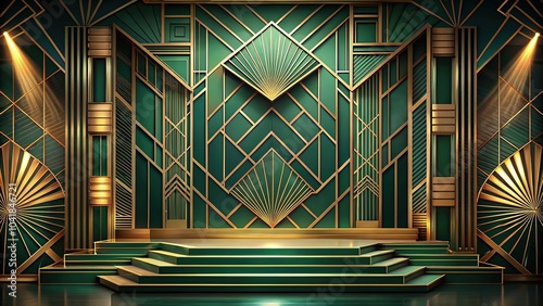 Art deco style stage with green and gold accents and geometric pattern in the background