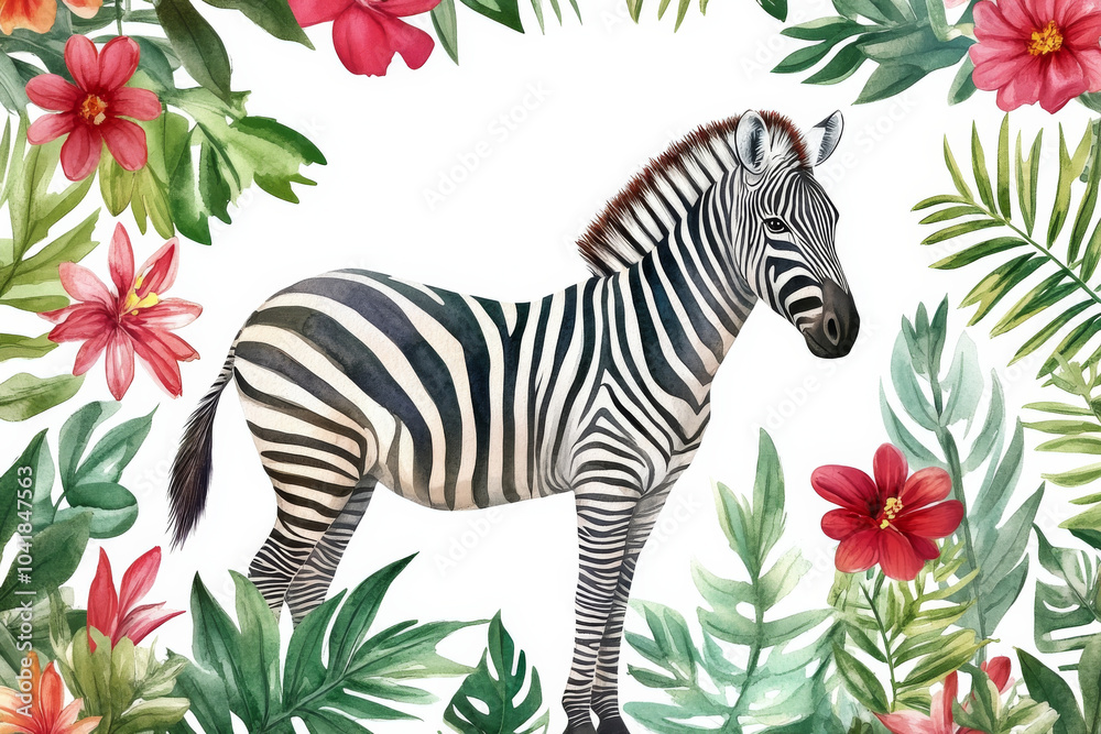 Obraz premium A majestic watercolor illustration of a zebra surrounded by lush tropical leaves, vibrant jungle flowers, and vines. The zebra stands tall, with detailed black and white stripes, isolated on a white