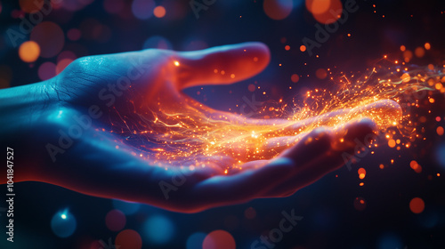 Hand Holding Glowing Flowing Particles with Bokeh Lights