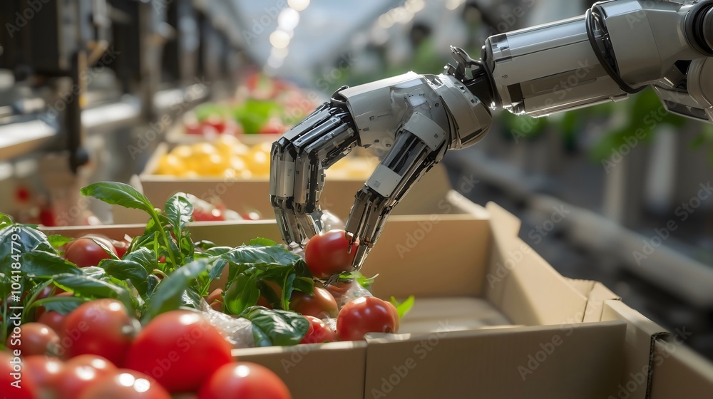 robotic arm in a factory packing vegetables into cartons and boxes, using advanced technology and machines to handle food with precision, enhancing efficiency in the automated packing process robotic arm in a factory packing vegetables into cartons and boxes, using advanced technology and machines to handle food with precision, enhancing efficiency in the automated packing process