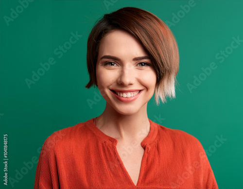 Portrait of Beautiful Young Woman Happily Smiling Against Studio Background