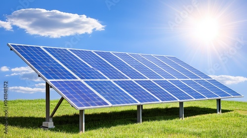 Solar energy panels in a lush green field under a blue sky with clouds