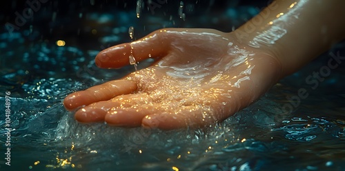 A hand cupping water, capturing droplets in a serene setting.