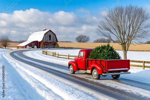  vintage red truck carrying Christmas trees and decorations is driving down the road, with snow-covered fields on both sides of it. In front of it stands an old barn decorated for Christmas