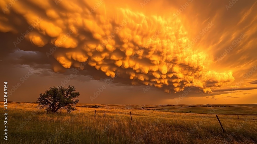 Fototapeta premium Stunning Mammatus Clouds Over Golden Landscape