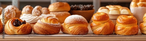 Freshly baked brioche rolls with pearl sugar on top, displayed alongside other sweet pastries in a Parisian bakery