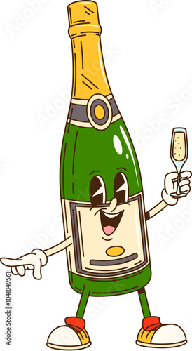 Cartoon groovy champagne bottle Christmas character celebrates party. Isolated vector sparkling wine retro personage holding a glass rejoice with happy smile, embodying carnival vibe of 60s or 70s