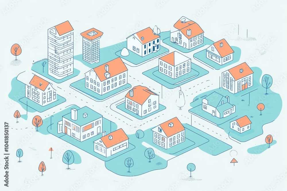 axenometric line drawing of a town. There are houses, some tall buildings, parks, trees. minimalistic style axenometric line drawing of a town. There are houses, some tall buildings, parks, trees. minimalistic style