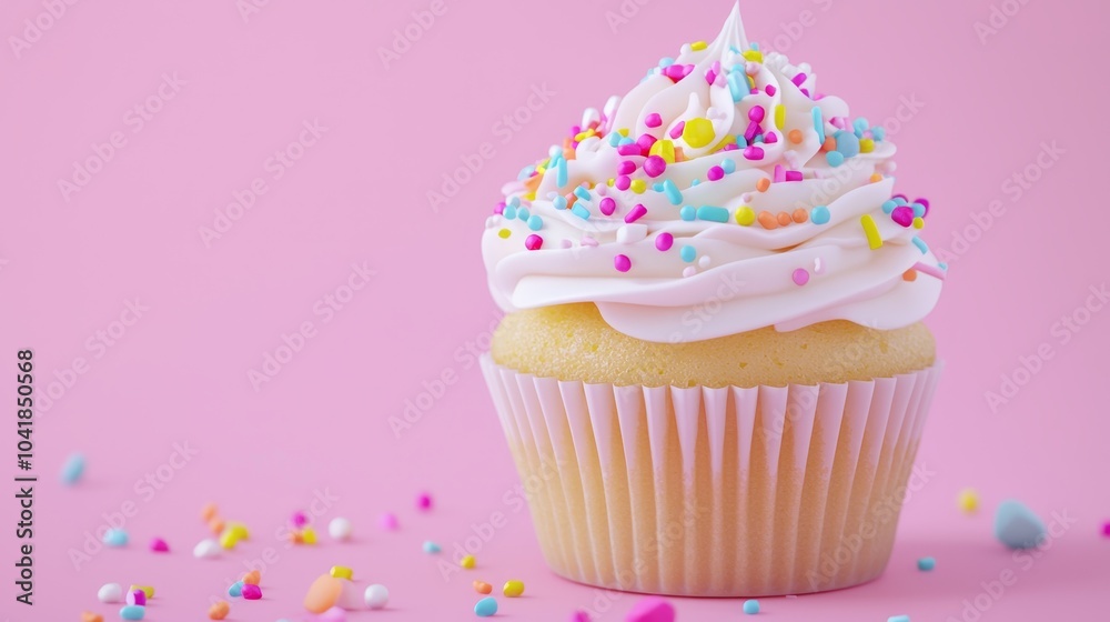Colorful Cupcake with Sprinkles on Pink Background Colorful Cupcake with Sprinkles on Pink Background