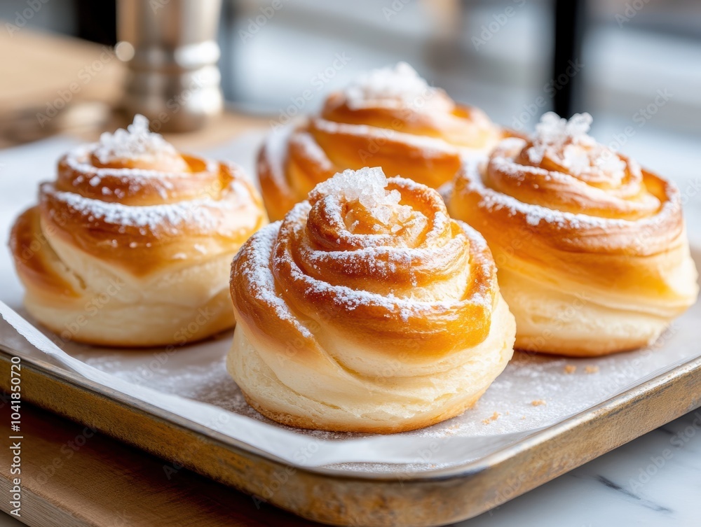 Soft, sweet brioche rolls topped with sugar crystals, arranged on a bakery tray in a traditional French patisserie Soft, sweet brioche rolls topped with sugar crystals, arranged on a bakery tray in a traditional French patisserie