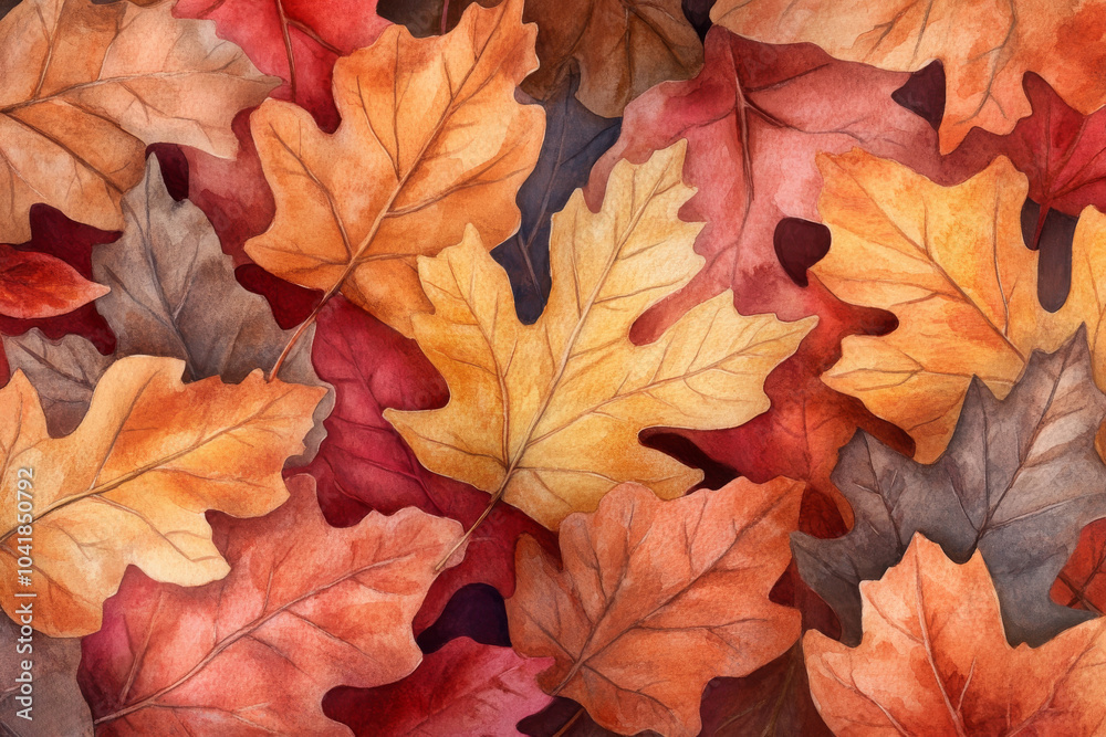 A charming watercolor illustration of fall oak and birch leaves, rendered in rich autumn colors. The leaves are depicted with a realistic touch, showcasing their unique shapes and textures, perfect A charming watercolor illustration of fall oak and birch leaves, rendered in rich autumn colors. The leaves are depicted with a realistic touch, showcasing their unique shapes and textures, perfect