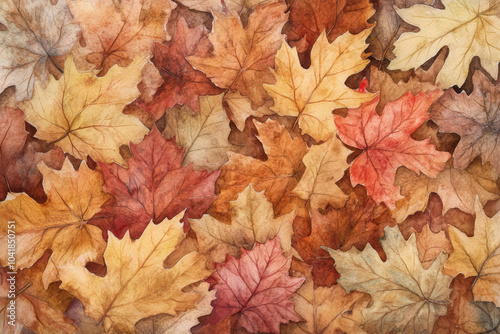 A realistic watercolor artwork showcasing an array of autumn oak and birch leaves, hand-painted in warm tones of red, gold, and brown. The detailed textures and colors bring the beauty of fall to life