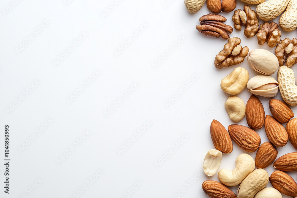 Obraz premium a variety of nutrition and healthy nuts. Pistachios, Almonds, Walnuts, Hazelnuts, Cashews, isolated on a white background 