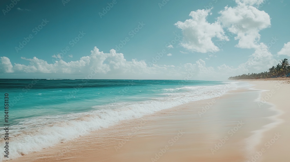 Serene Tropical Beach with Gentle Waves and Blue Skies Serene Tropical Beach with Gentle Waves and Blue Skies