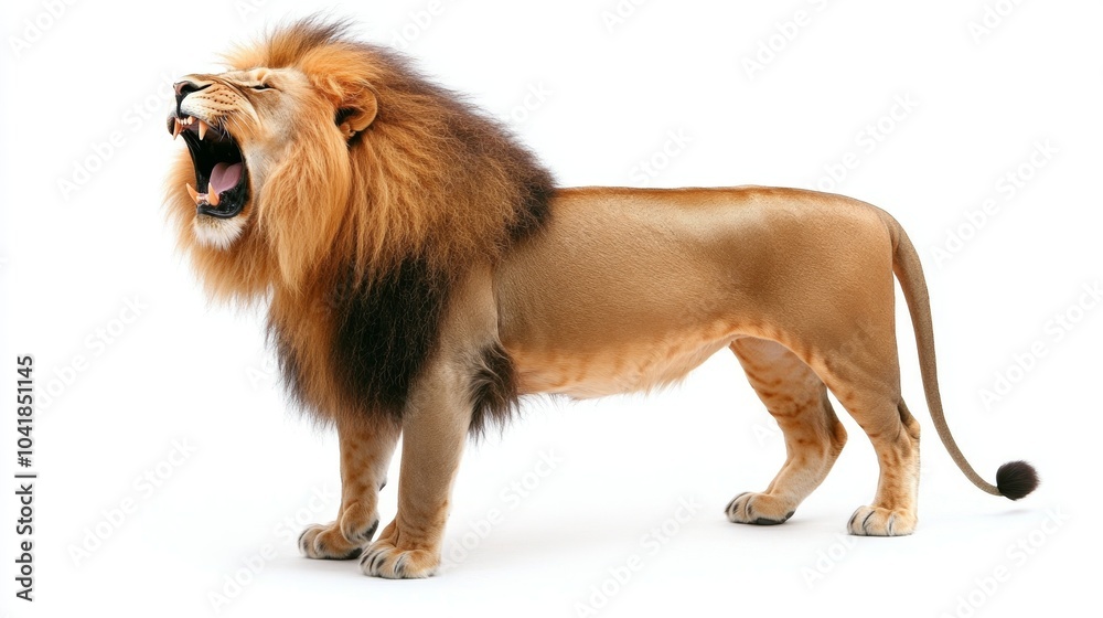 Roaring Lion with Powerful Mane Isolated White Background Roaring Lion with Powerful Mane Isolated White Background