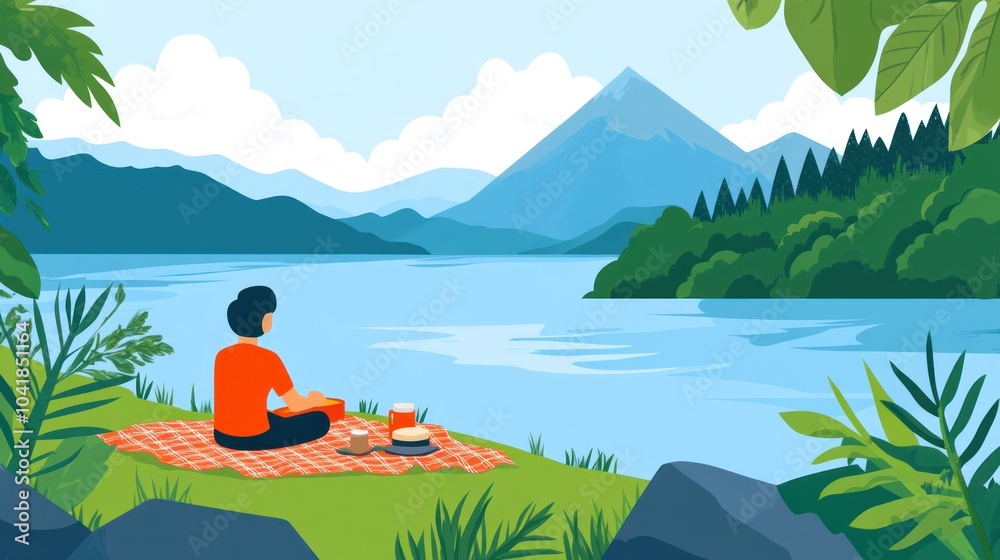 A serene picnic scene by a lake, surrounded by mountains and lush greenery.
