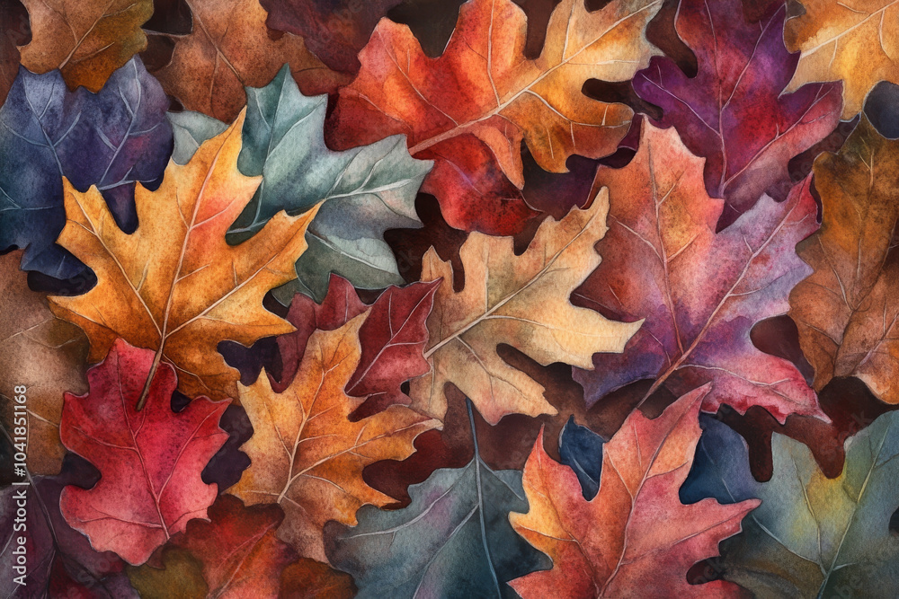 A stunning hand-painted watercolor illustration featuring a collection of fall oak and birch leaves in warm autumn colors. The intricate details and vibrant hues capture the essence of the season,