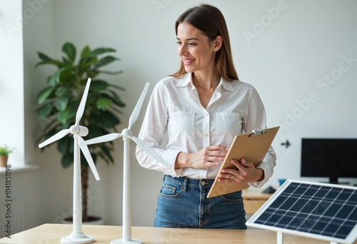 A woman is standing in front of a desk with a white windmill and a clipboard