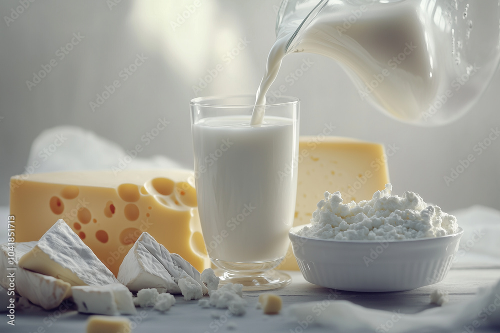 Showcase of dairy products, including a glass and jug of milk, a block of cheddar, and neatly arranged slices of brie and camembert, all set on a white background.
Showcase of dairy products, including a glass and jug of milk, a block of cheddar, and neatly arranged slices of brie and camembert, all set on a white background.