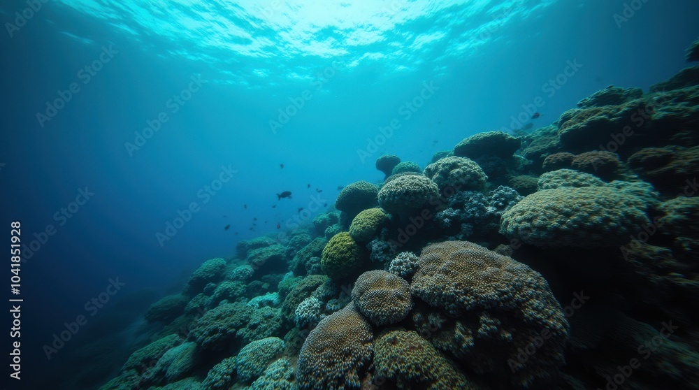 Fototapeta premium Exploring a coral reef, the rough, bumpy texture of the coral contrasts beautifully with the smoothness of the fish scales. 