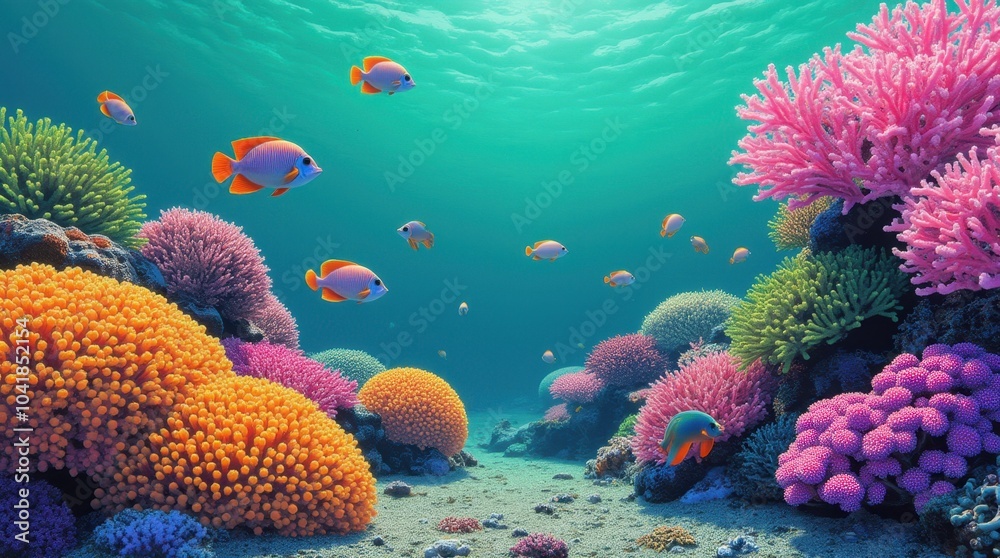 Naklejka premium Exploring a coral reef, the rough, bumpy texture of the coral contrasts beautifully with the smoothness of the fish scales. 