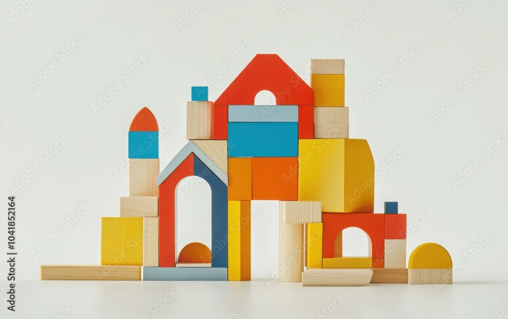 Fototapeta premium A playful scene featuring toy blocks in the shape of houses, with a vibrant, partially constructed wooden block home set against a white background