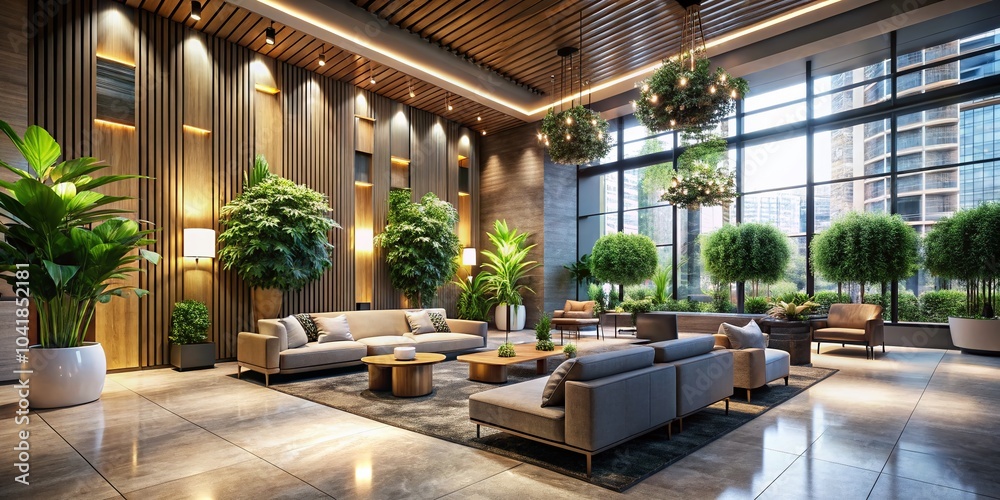 Elegant Lobby with Warm Lighting and Lush Greenery for Inviting Architectural Photography Elegant Lobby with Warm Lighting and Lush Greenery for Inviting Architectural Photography