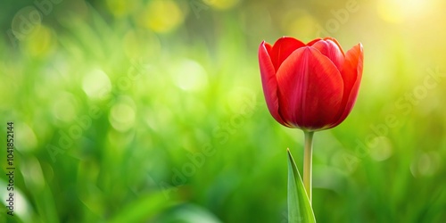 Red tulip blooming in spring with natural green background