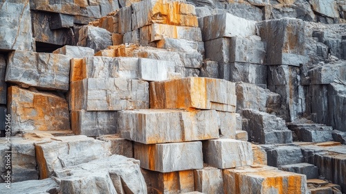 Stacked stone blocks in a sprawling quarry, showcasing the extraction of raw materials essential to the construction industry. photo