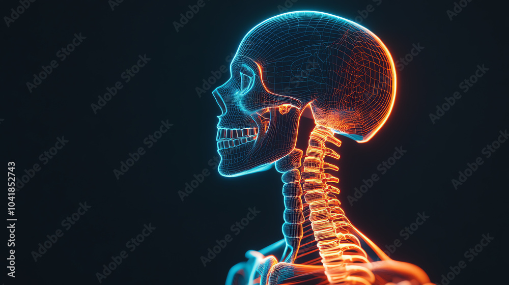 A detailed neon illustration of a human skeleton's side profile, showcasing the intricate structure of bones. Perfect for educational purposes. A detailed neon illustration of a human skeleton's side profile, showcasing the intricate structure of bones. Perfect for educational purposes.