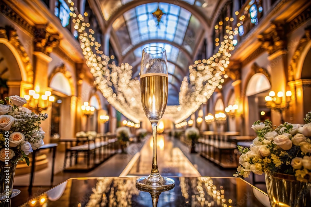 Obraz premium Elegant Narrow Toast Glass with Champagne for Wedding Celebrations and Architectural Elements