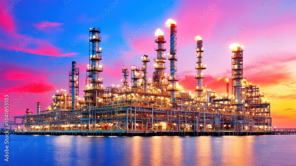 Fototapeta premium Majestic Oil Refinery Plant at Sunset Skyline with Colorful Lights