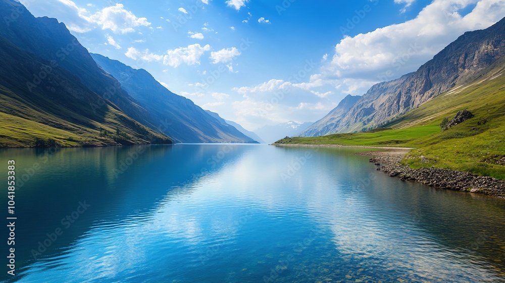 Serene Mountain Lake with Clear Blue Sky Serene Mountain Lake with Clear Blue Sky