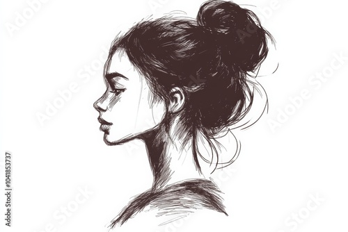 beautiful young woman, female profile silhouette with bun hairstyle ink sketch drawing brown monochrome isolated on white