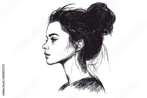 beautiful young woman, female profile silhouette with bun hairstyle ink sketch drawing monochrome isolated on white