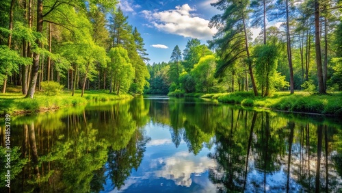 A serene and peaceful pond surrounded by tall trees and lush greenery, green, forest landscape
