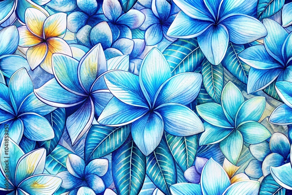 Elegant Plumeria Floral Pattern for Textile and Fabric Design in Blue Ink Doodle Style on White Background Elegant Plumeria Floral Pattern for Textile and Fabric Design in Blue Ink Doodle Style on White Background