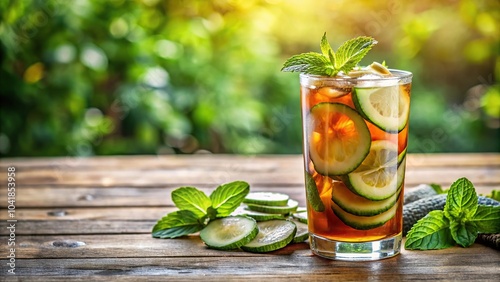 A refreshing glass of Pimm's Cup garnished with cucumber slices and mint leaves, served on a wooden table at a summer garden party, herbal flavors, summer garden, refreshing drink photo