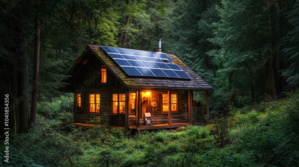 Rural Off-Grid Cabin with Solar Panels in a Forested Setting Illuminated by Warm Indoor Light Rural Off-Grid Cabin with Solar Panels in a Forested Setting Illuminated by Warm Indoor Light