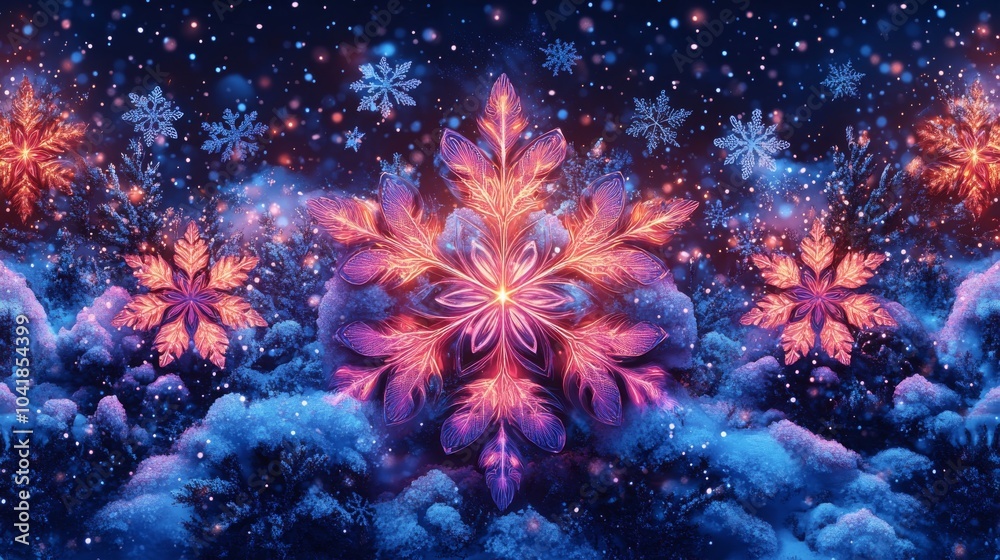 Fototapeta premium Neon red snowflakes glowing in a winter wonderland at night