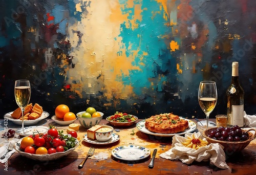 Still life painting of a lavish meal with wine and fruits.