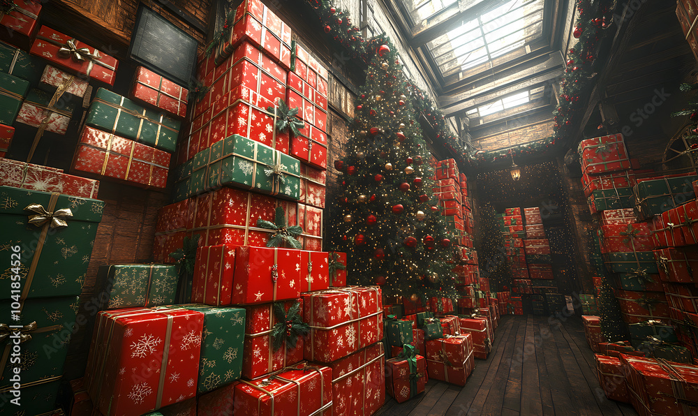 Fototapeta premium Santa's storage room. A large room with Christmas presents and a Christmas tree.