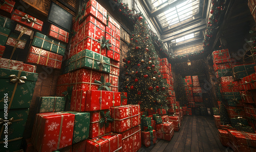 Wallpaper Mural Santa's storage room. A large room with Christmas presents and a Christmas tree. Torontodigital.ca