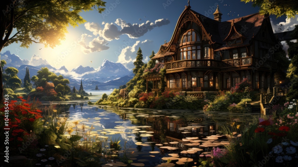 Fototapeta premium Lakefront Manor Amidst Majestic Mountains